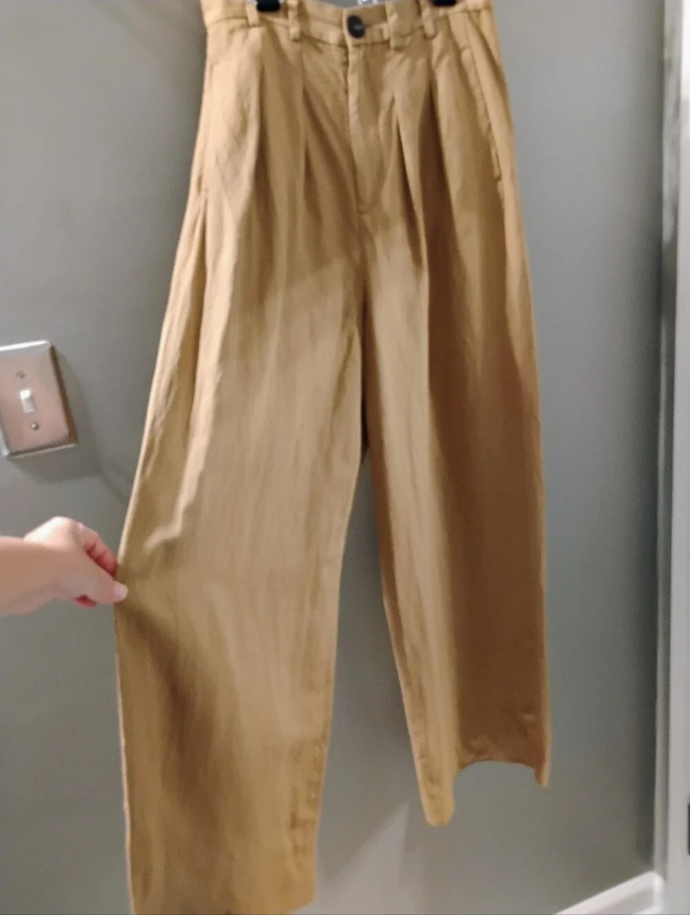 Women's ZARA Sz XS Tan Gold High Rise Pleated Wide Leg Linen Blend Pant